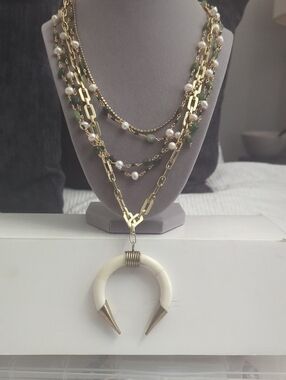 Multi-Strand Gold, Green and White Crescent Pendant Necklace